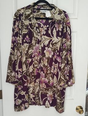 NorthStyle Floral Purple and Cream Flowing Women's Blouse - 3X